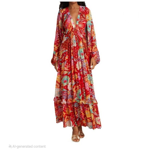 Farm Rio Hudson Floral Maxi Dress XL Womens Bohemian Resort Vacation Boho Flowy - Picture 1 of 16